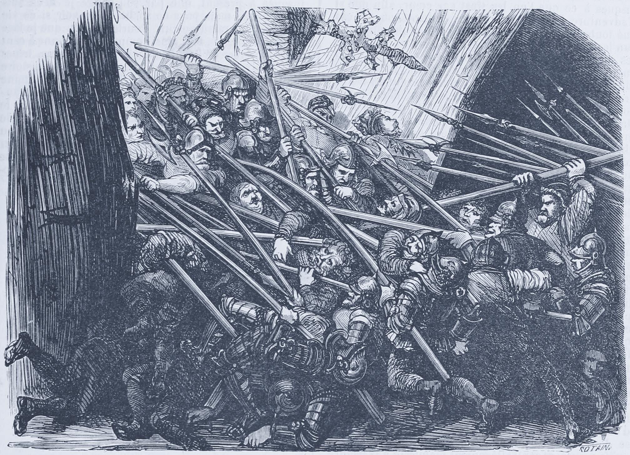 Gustave Doré engraving of a fierce charge — forces combining and acting on each other